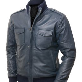 Men Blue Bomber Leather Jacket