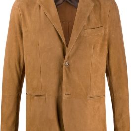 Men Tan Single-Breasted Suede Leather Blazer