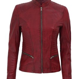 CHEVEREL Women’s Maroon Slim Fit Leather Jacket