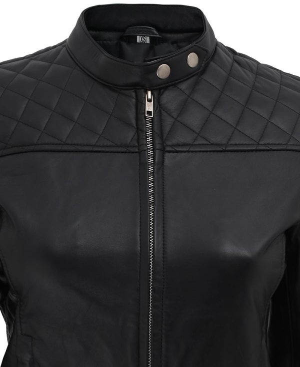 Front(2) view of Black Slim-Fit Quilted Leather Jacket. Cheverel Leather made this Black Slim-Fit Quilted Leather Jacket from 100% original leather. Black color on this Leather Jacket makes it super fashionable and stylish. This jacket has buttoned collar, open cuffs, front zip closure, two outside and one inside pockets. This is a stylish leather jacket for Women and Girls. The Black Quilted Leather Jacket for Women is the newest fashion trick for your everyday wardrobe. This leather jacket is made entirely of genuine leather. Your size confuses me. You no longer have to worry because Cheverel Leather now offers the option for you to design your own Custom Jacket in the size and colour of your choice. Obtain yours right away!